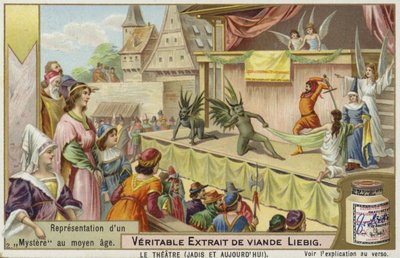 Tarjeta Liebig con una representación de un misterio medieval de French School