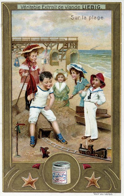 Serie de cromolitografías Liébig "Juego de playa" de niños. Sd. Siglo XIX de French School