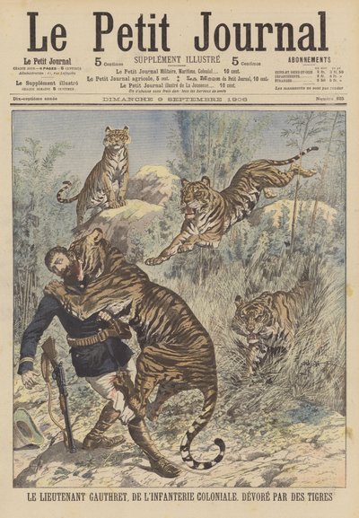 El teniente Gauthret de la infantería colonial francesa devorado por tigres en Annam de French School