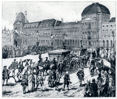 La vida bajo Luis XV: el rey llegando al Palacio de las Tullerías, donde la reina y el delfín lo esperan - en "París a través de los siglos" por Gerouillac de French School