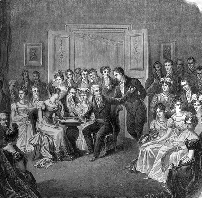 Salón literario en el siglo XIX: François Auguste Parceval de Grandmaison (1759-1834) leyendo versos de su poema 