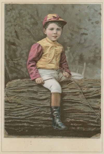 Niño pequeño con ropa de jockey sentado en un tronco de French School