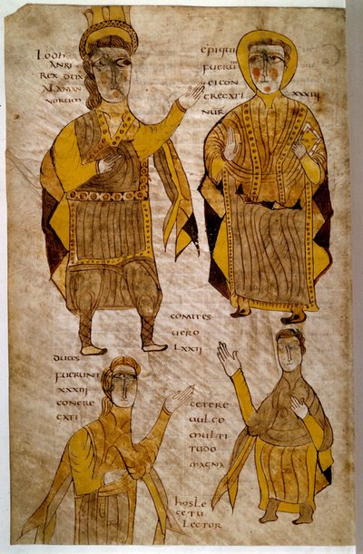El rey Lodhanri de los alamanes rodea a un obispo, un duque y un conde. Manuscrito “Breviario de Alarico y otros textos jurídicos” (folio 197v), Francia, Valle del Loira (?), 803-814. París, B N de French School