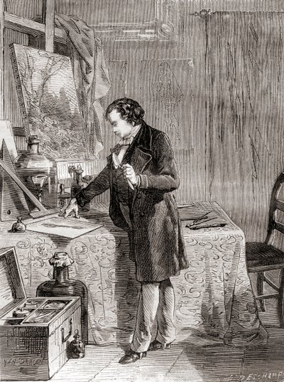 Louis-Jacques-Mandé Daguerre inventando el proceso fotográfico del daguerrotipo en el siglo XIX, de Les Merveilles de la Science, publicado hacia 1870 (grabado). de French School
