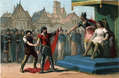 Luis I llamado El Piadoso (814-840) fue degradado y despojado por sus hijos de sus imperios. Cromolitografía alrededor de 1890. de French School