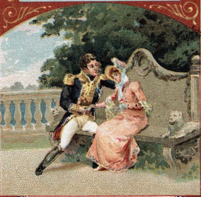 Luis Alejandro Berthier (1753-1815), Príncipe de Wagram, con Madame Visconti, su amante, en el Château de Grosbois. Cromolitografía de finales del siglo XIX de French School