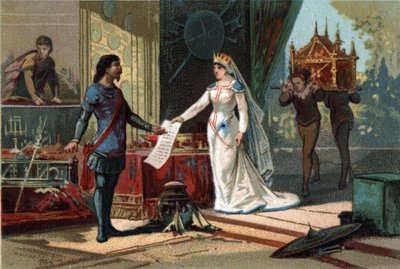 Luis II llamado el Tartamudo (846-879), rey de Francia recibiendo de su madrastra (Richilde de las Ardenas) el testamento y tesoro dejado por su padre Carlos II el Calvo. Cromolitografía alrededor de 1890 de French School