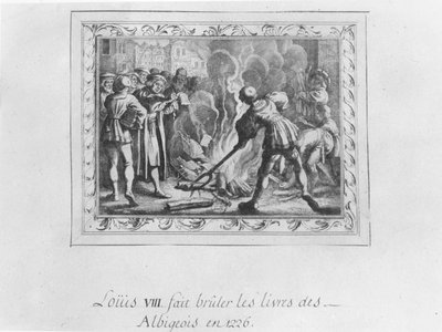Luis VIII quemando los libros albigenses en 1226 (grabado) de French School