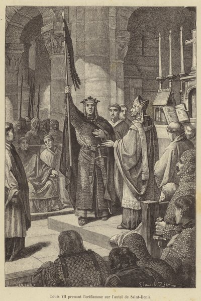 Luis VII tomando el oriflama en el altar de Saint-Denis de French School