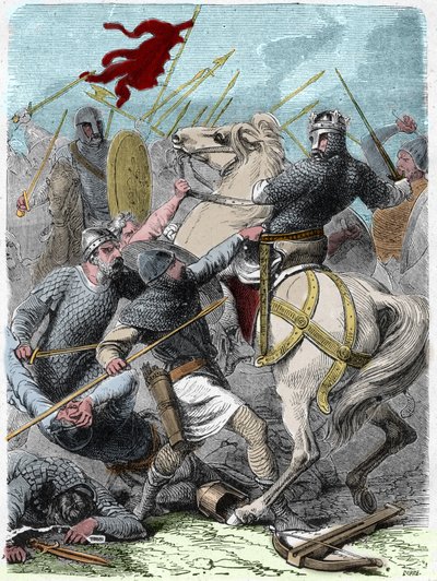Luis VI llamado "El Gordo" (1081 - 1137), en la batalla de Brenneville, intentó tomar Normandía del Rey Enrique I de Inglaterra en 1119. Grabado en "Historia de Francia en Cien Pinturas" de Paul Lehugeur, 1891. de French School