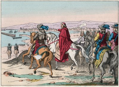 Luis XIII (1601-1643) y el Cardenal Richelieu en el sitio de La Rochelle, plaza de armas de los protestantes en octubre de 1628 - Cardenal de Richelieu y Luis XIII (1602-43) en el sitio de La Rochelle en octubre de 1628 - Grabado de finales del siglo XIX de French School