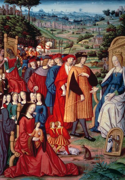 Luis XII, Cardenal Georges de Amboise (1462-1515), Ana de Bretaña y Claudia de Francia, de Remedios y Fortunas de Petrarca, 1503 de French School