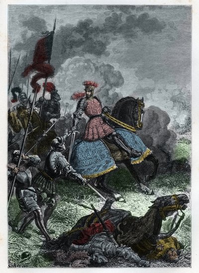 Luis XII en la Batalla de Agnadello cerca de Crema en Lombardía ganada por el Rey sobre los venecianos el 14 de mayo de 1509 - Batalla de Agnadello - Luis XII de Francia derrota a los venecianos - grabado de 