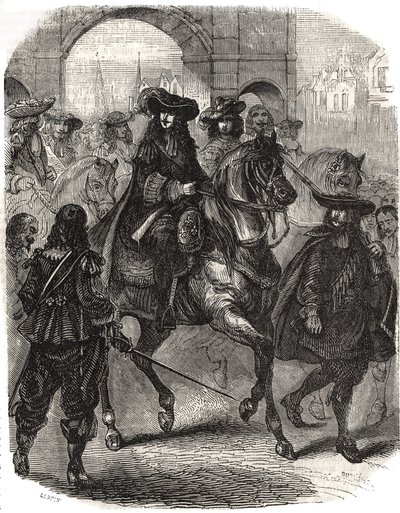 Luis XIV (1638-1715) y su esposa María Teresa de Austria (1638-1683) entraron en París en 1660. Grabado en “Historia de Francia” por L.-P. Anguetil de French School
