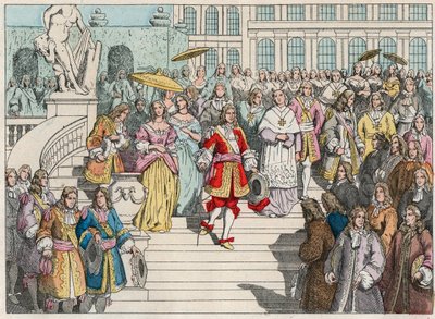 Luis XIV (Luis 14) y su corte en Versalles - Luis XIV de Francia y su corte en Versalles - Grabado de finales del siglo XIX en “Nos Gires Nationales - Imágenes y relatos” de French School