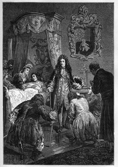 Luis XIV visita a Jacobo II en su lecho de muerte - Visita de Luis XIV, Rey de Francia, a Jacobo II de Inglaterra (Jacobo II Stuart) (1633-1701) moribundo - grabado en “L
