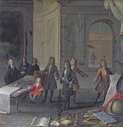 Luis XIV asistiendo a una lección de su bisnieto, el futuro Luis XV, c.1715 de French School