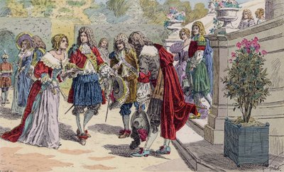 Luis XIV de Francia y su corte en Versalles (litografía en color) de French School