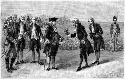 Luis XVI (1754-1793) visitando el primer campo de papas en la llanura de los Sablons (actual avenida de la Grande Armée, París), Antoine Augustin Parmentier (1737-1813) le ofreció flores de papa, alrededor de 1785. Grabado en "La Nature. Revue des sciences de French School