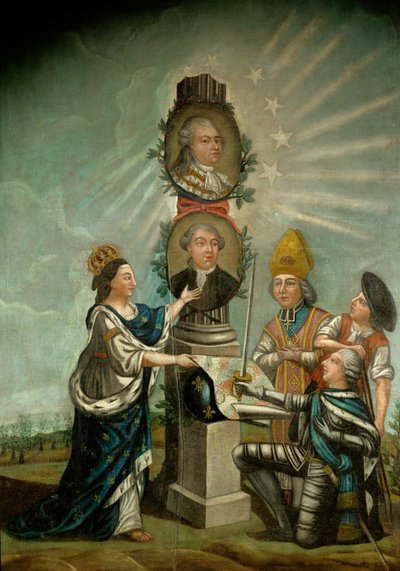 Luis XVI y su ministro de Finanzas Jacques Necker, admirados por los tres estamentos de Francia, Aristocracia, Clero y Burguesía ... de French School