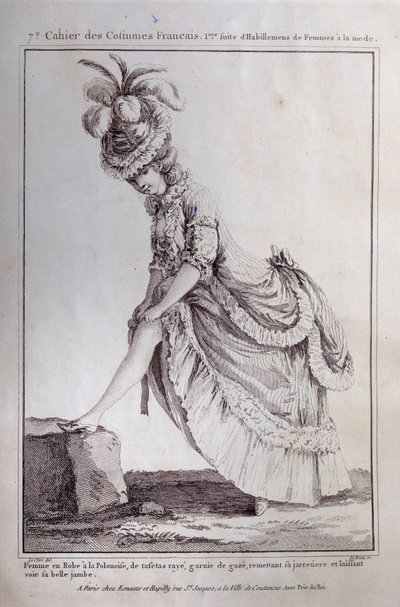 Moda de Luis XVI: un retrato de pie de una joven en un vestido polaco de tafetán a rayas. Grabado de 1778. París, artes decorativas de French School