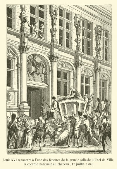 Luis XVI se muestra en una de las ventanas de la gran sala del Hôtel de Ville, con la escarapela nacional en el sombrero, 17 de julio de 1789 de French School