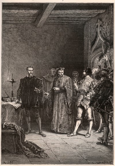Luis de Berquin (1485-1529), caballero y humanista, reformador religioso, liberado por Jean de la Barre (1523-1533) preboste de París - Luis de Berquin (izquierda) liberado de prisión por Jean de la Barre - grabado de “L
