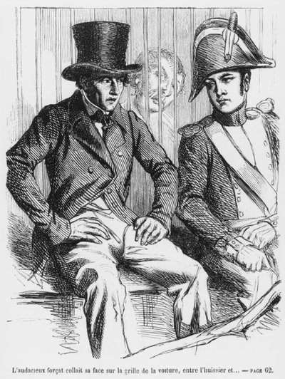 Lucien de Rubempre y Vautrin arrestados, ilustración de Esplendores y Miserias de las Cortesanas por Honoré de Balzac, publicado en 1867 de French School