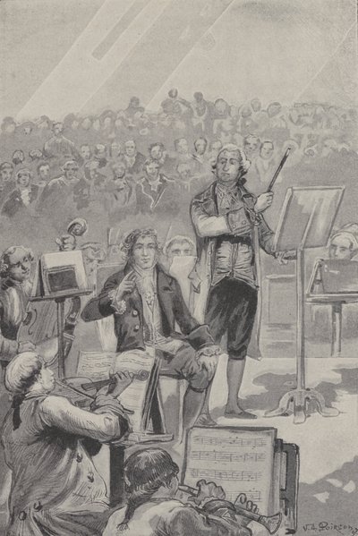 Ludwig van Beethoven dirigiendo una orquesta a pesar de su sordera (grabado) de French School