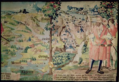 Lugdus (1672-21 a.C.) ante una representación de la Ciudad de Lyon, taller de Arras, c.1530 de French School