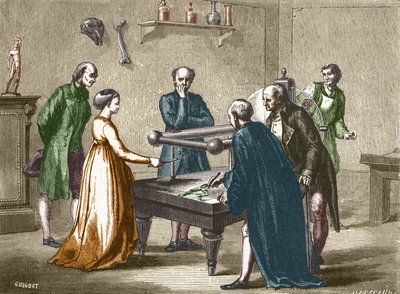 Luigi Galvani, profesor en Bolonia, descubrió en 1780 la irritabilidad de los músculos de la rana por electricidad - en "Álbum de Ciencia; científicos ilustres; Grandes descubrimientos" 1896 de French School