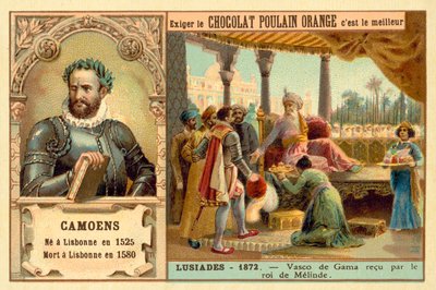 Luis de Camoes, poeta portugués, y una escena de su poema Las Lusiadas, que representa a Vasco da Gama siendo recibido por el rey de Malindi (cromolito). de French School