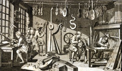 Taller de lutier. Grabado - en la Enciclopedia de Diderot y Alembert de French School