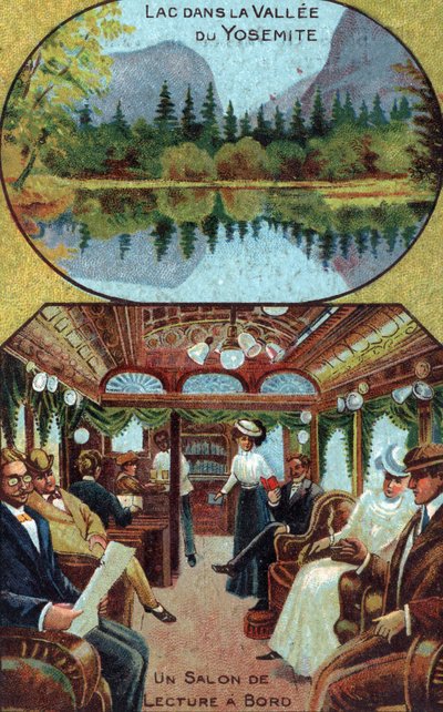 Turismo de lujo: vida de los pasajeros a bordo de un crucero distrayéndose en la sala de lectura, encima del lago del valle de Yosemite en California, EE.UU. (Turista en crucero de lujo leyendo en la biblioteca privada del barco, vista de un lago del valle de French School