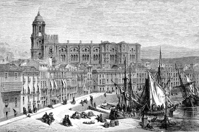 MALAGA, España en 1865 - Dibujo de Gustave Dore 1865 de French School