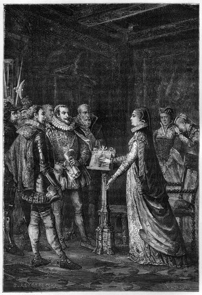 MARÍA ESTUARDO (1542-1587) Reina de Escocia. María Estuardo jurando que nunca ha conspirado para quitarle la vida a la Reina Isabel I de Inglaterra - grabado de “L