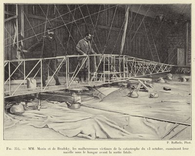 Morin y de Bradsky, las desafortunadas víctimas de la catástrofe del 13 de octubre, examinando su góndola bajo el hangar antes de la salida fatal (grabado) de French School