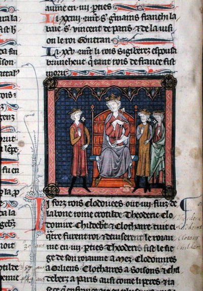 MS.782 Childeric II (c.650-675), Clodomir (c.495-524) y posiblemente Teodorico, representados bajo la protección del Rey Clotario I (c.497-561), sentados en un trono, miniatura de las Crónicas de Saint-Denis de French School