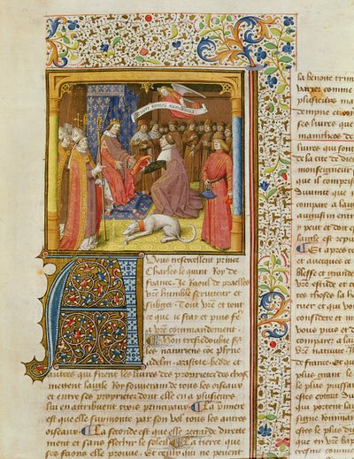 MS 246 f.1r Raoul de Presles presentando su traducción a Carlos V (1338-80) de La Ciudad de Dios de San Agustín, traducido por Raoul de Presles (1316-82) c.1400-50 de French School