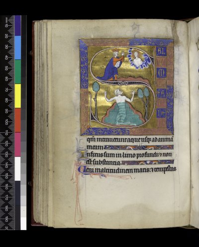David reza a Dios (arriba), David se hunde en el agua (abajo), del Salterio y Horas de Isabel de Francia, París, c.1265-70 de French School