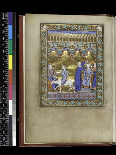 MS 300 f.Vv, David, entronizado, envía a Salomón a Sadoc y Natán que lo coronan y ungen, del Salterio y Horas de Isabel de Francia, París, c.1265-70 de French School