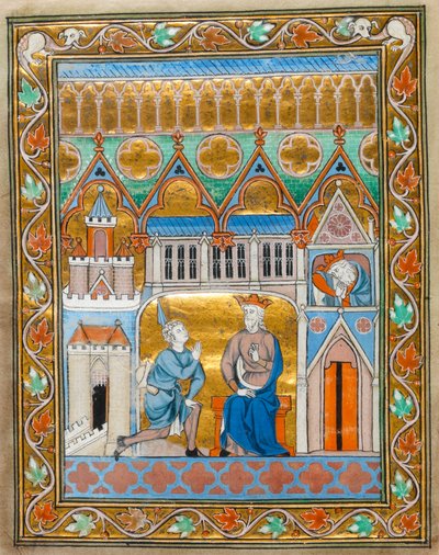 Rey David recibiendo la noticia de la muerte de Absalón, del Salterio-Horas de Isabel de Francia, c.1255 de French School