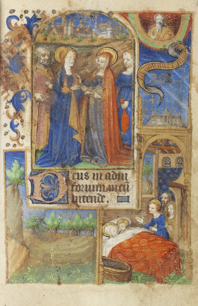 MS 39-1950 f.61r La Visitación, 1464 (oro, plata y tinta de colores sobre pergamino) de French School