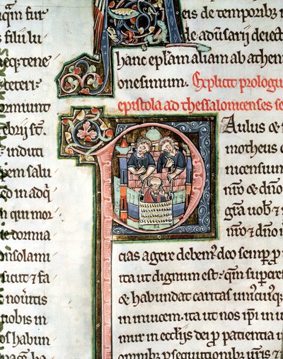 MS 3 Fol. 291v La fuga de San Pablo de Damasco, letra inicial iluminada P, siglo XIII, de la Biblia de Avranches de French School