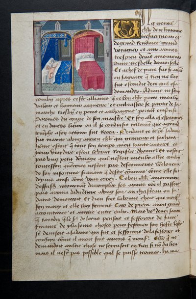 MS Hunter 252 087v Página de Cent Nouvelles Nouvelles, c.1461-62 de French School
