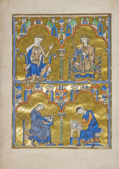 MS M.240 f.8r, Blanca de Castilla y el Rey Luis IX de Francia y abajo: Autor dictando a un escriba, Biblia de San Luis (Biblia Moralizada), probablemente París de French School