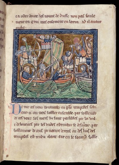 MS Marlay Add 1 f.86 Página de texto con iluminación de una batalla naval, de De Re Militari, c.1270 de French School