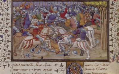 MS Royal 20 B.XX fol.16v Derrota de Felipe por Pausanias, con caballeros montados luchando, de 