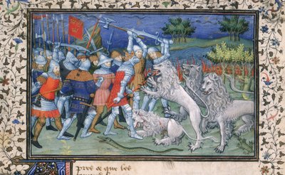 MS Royal 20 B.XX fol.50v Alejandro Magno (356-323 a. C.) batallas con leones blancos, de 