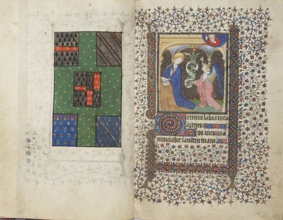 MS Widener 4, ff.26v-27r, Escudo de armas y la Anunciación, de un Libro de Horas, uso de Rennes, c.1405 de French School